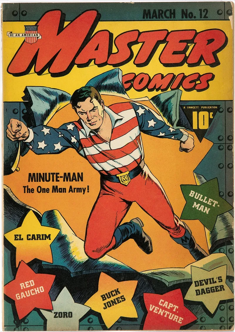 Portada de Master Comics n.º 12 (1941) con el superhéroe Minute-Man