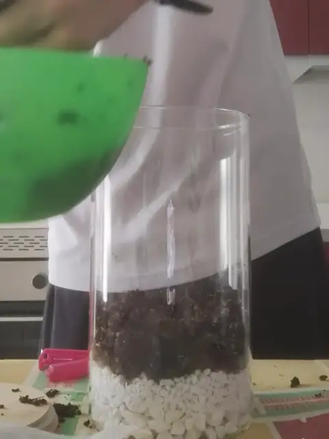 Tarro de cristal con las capas de drenaje y sustrato